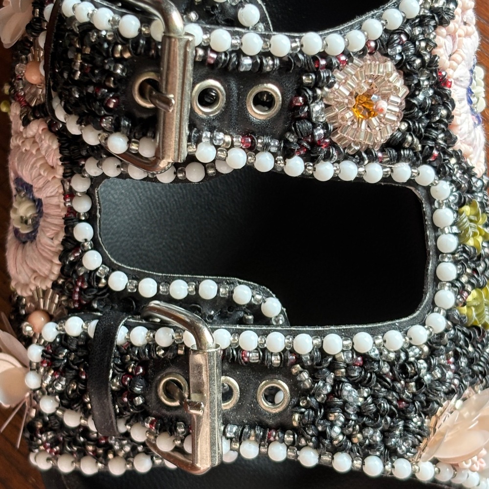 House of Harlow 1960 Women's Romantic Black Beaded Floral Buckle Slide Sandals 8 - Picture 8 of 12